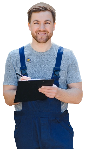 berintek garage door repair man in overalls grips a clipboard and pen