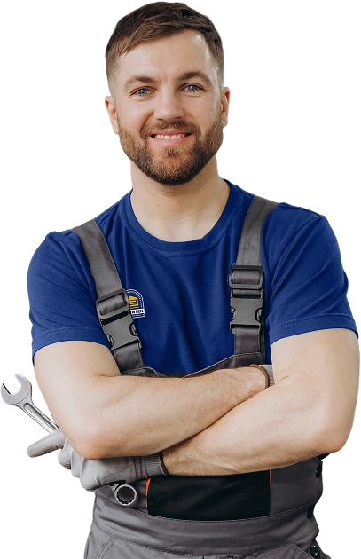 berintek garage door repair smiling bearded mechanic while standing with cross