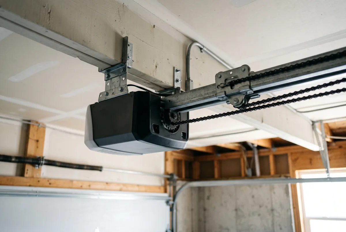 Close up of residential garage door opener motor and drive rail mounted on ceiling