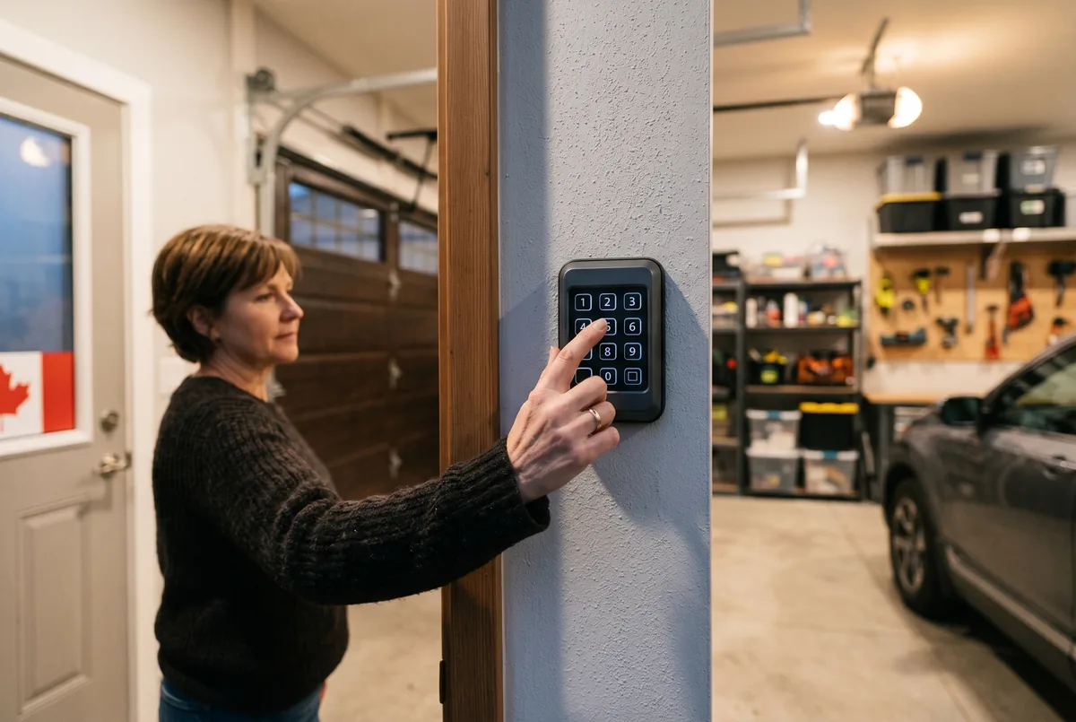 Homeowner pressing wall mounted garage door opener keypad inside Canadian residential garage
